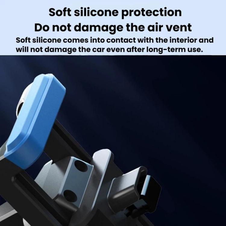 In-line air vent phone mount with blue silicone protection pads, black clip