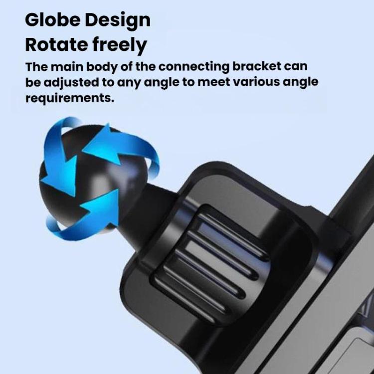 Black car phone mount with globe-style rotating bracket and air vent clip
