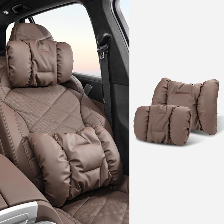 Two-piece car headrest and lumbar cushion set, brown padded