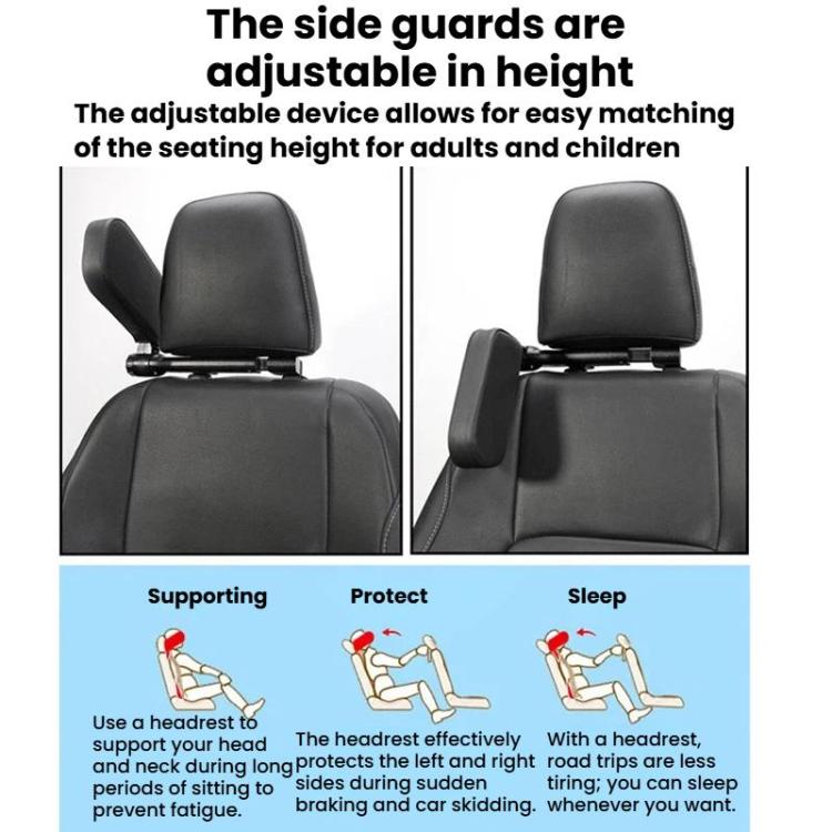 Car seat side-guard headrest pillow with adjustable height, dark gray cushion