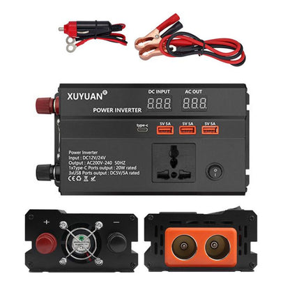 Car power inverter with digital display, AC outlets, and DC battery cables with clamps