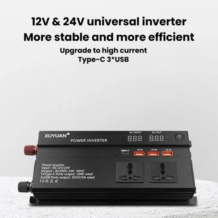 Car power inverter with front panel ports and dual digital display for input/output