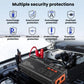 Car power inverter on vehicle dashboard with built-in protection icons and orange sockets