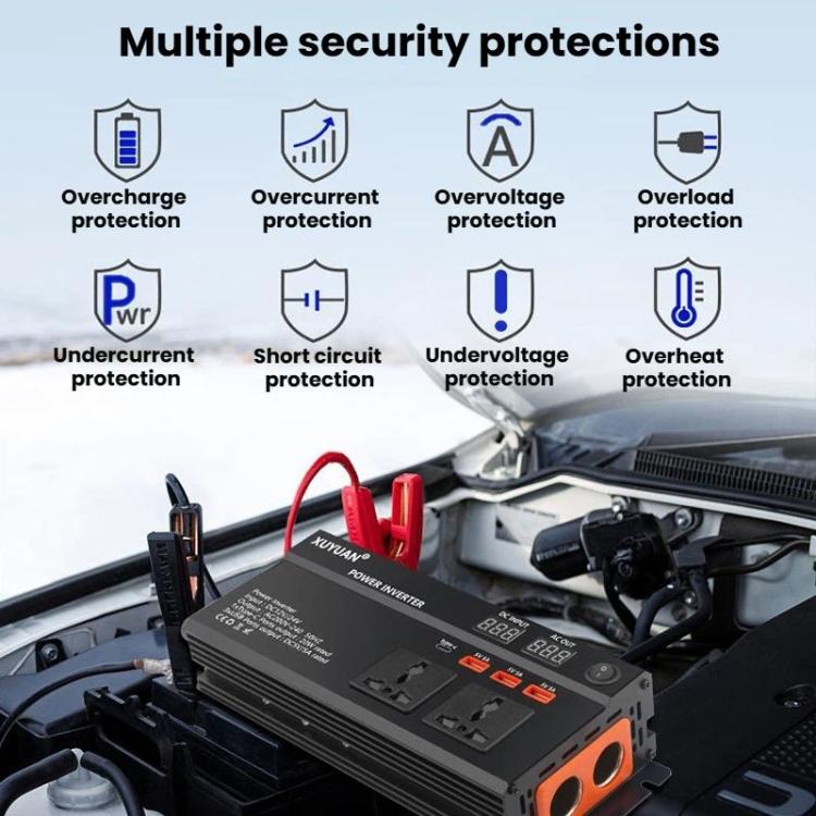 Car power inverter on vehicle dashboard with built-in protection icons and orange sockets
