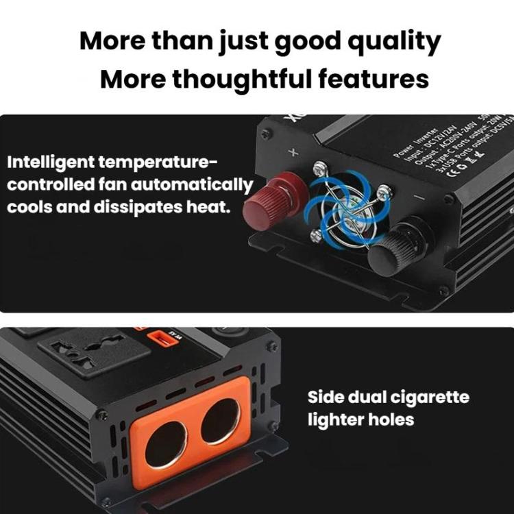 Car power inverter with cooling fan vents, temperature control area, and side orange sockets