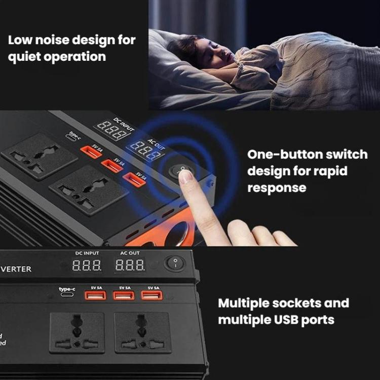 Car power inverter with one-button switch, digital display, and multiple USB ports