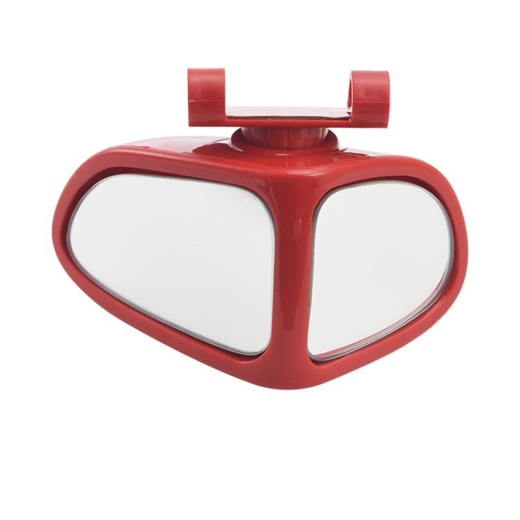 Red 360-degree blind spot assist mirror with dual-oval wide-angle reflectors