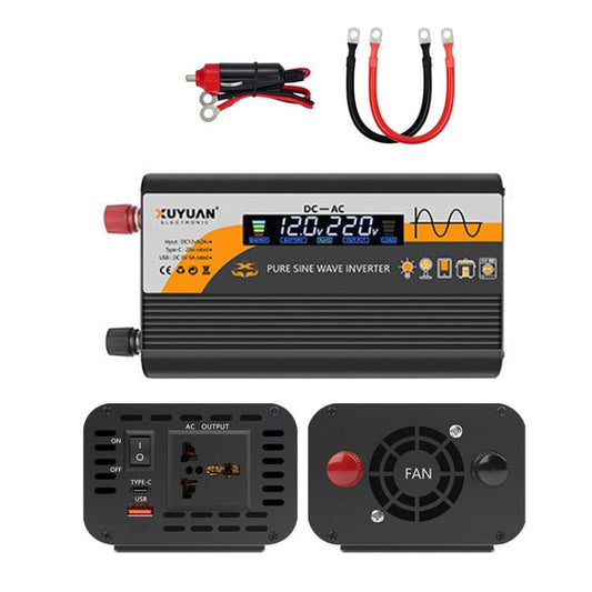 Black pure sine wave car power inverter with display, ports, and cooling fan modules