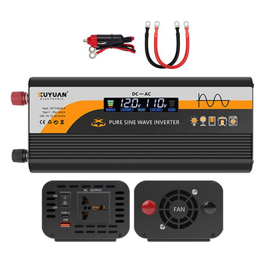 Black pure sine wave power inverter with DC-AC display and attached output control panels