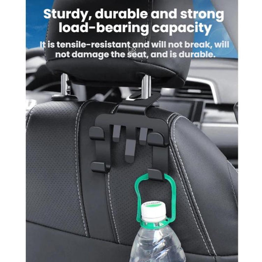 Black car seat back hook phone holder gripping a bottle with green strap