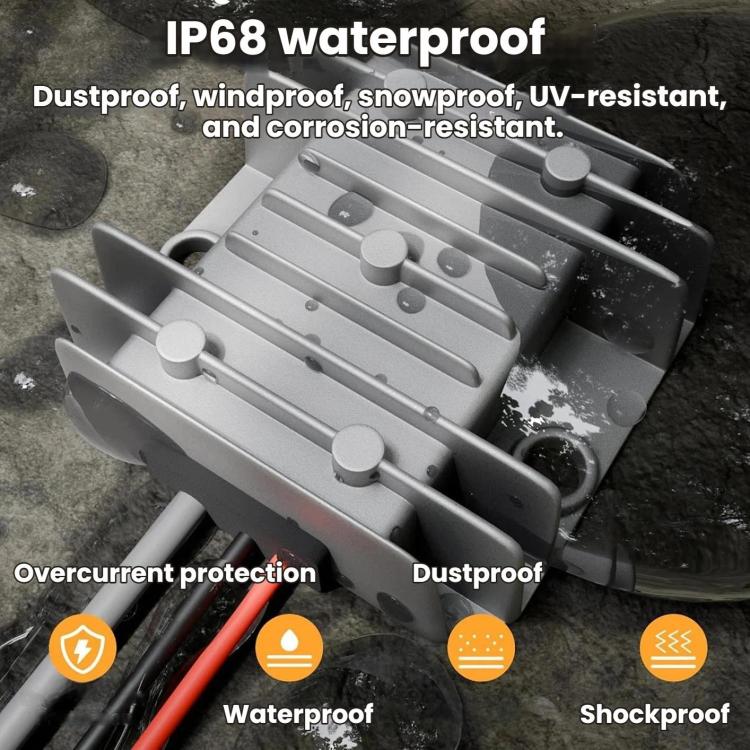 Waterproof-rated DC boost power converter module with finned heatsink and connected wires