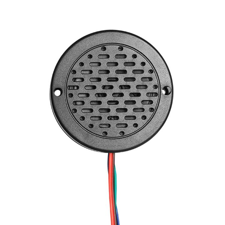 Round metal voice prompt speaker module with red, green, and blue wire leads