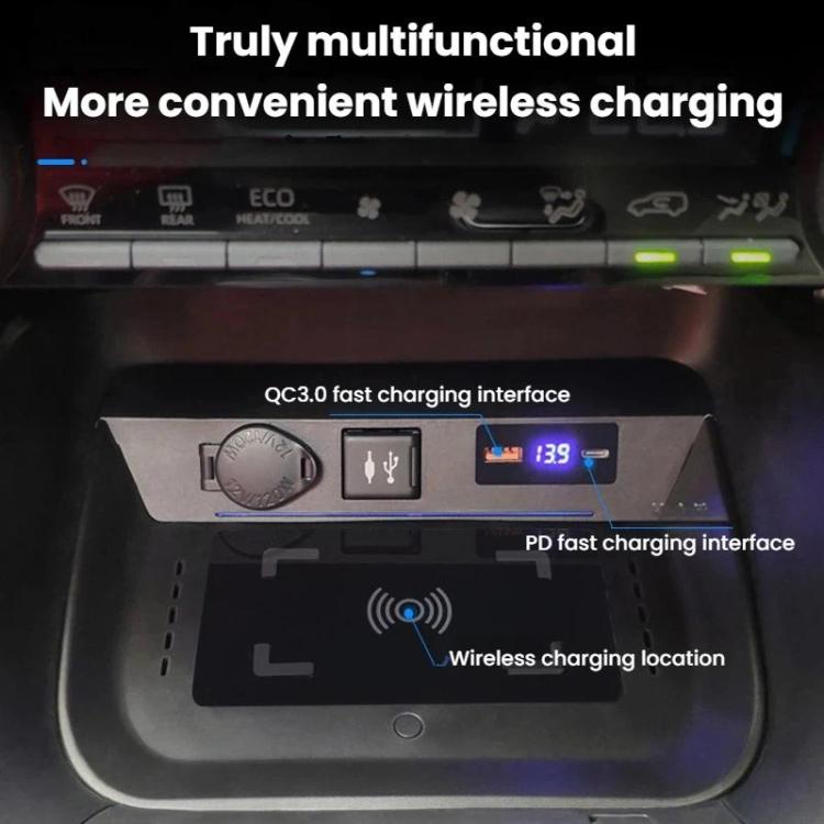 In-car wireless charger module with digital display, QC3.0/PD controls, and phone charging pad