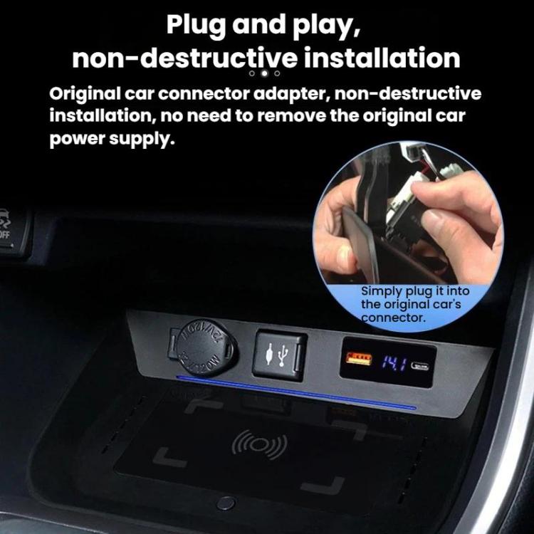 Plug-in wireless car charger panel with digital display and wireless charging location
