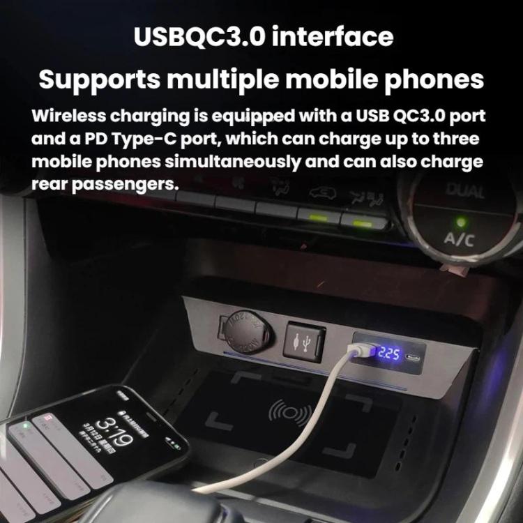 Wireless car charging module with USB QC3.0 and USB-C PD ports, digital display, phone charging