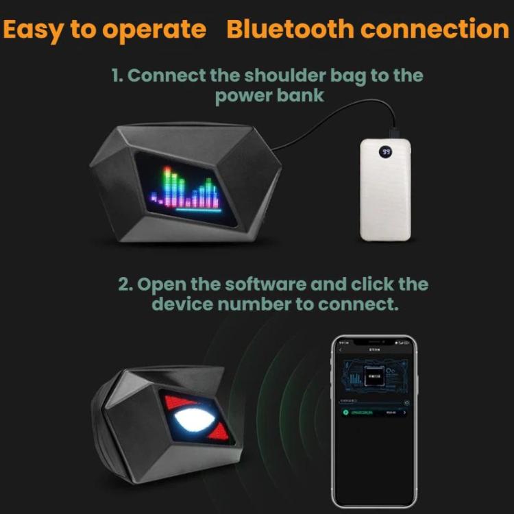 Black LED shoulder bag with glowing front display screen and power connection