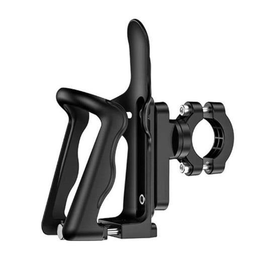 Black bike drink holder with adjustable clamp for mounting to handlebars