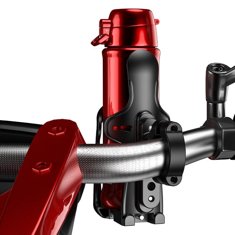 Red and black bike bottle holder with metal clamp mount and drink cage
