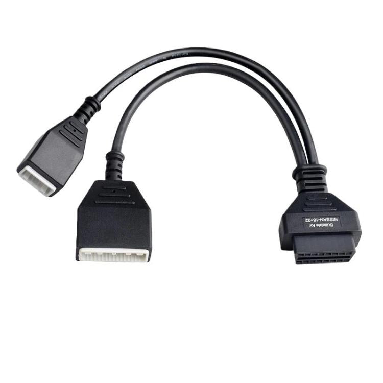 Nissan gateway adapter cable with OBD and multi-pin connector ends, black wiring