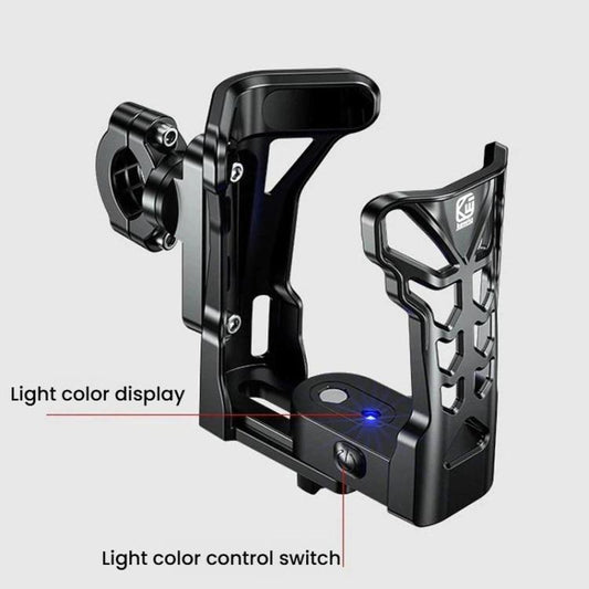 Black bicycle bottle cage with blue LED glow at the base and side arms