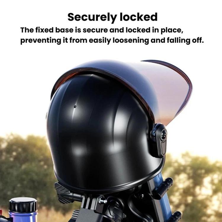 Securely locked black bike phone mount with sun visor shade on a helmet-style base