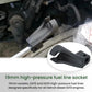 Fuel line sleeve tool with rectangular body, black finish, and circular mounting hole
