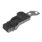 Camshaft sensor with side metal tab and black multi-pin electrical plug