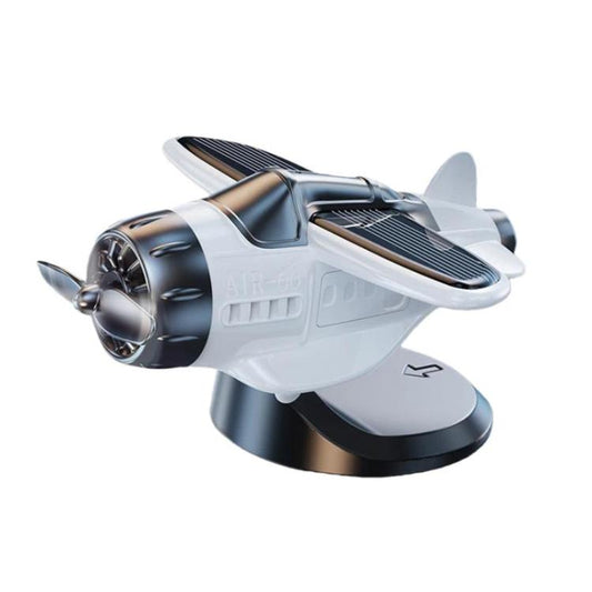 White and silver solar-powered airplane dashboard ornament with rotating base