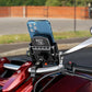 Motorcycle phone charging mount with phone bracket, handlebar clamp, and connected cable
