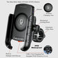 Black wireless charging phone mount with circular charging area and mechanical locking knob