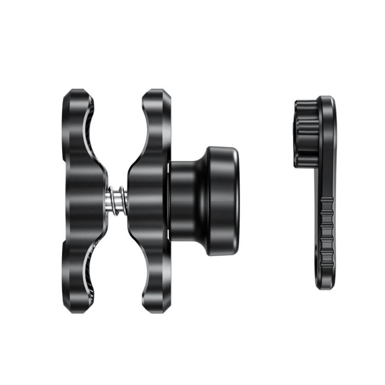 Black metal clamp arm phone mount extender, side view of anti-theft attachment