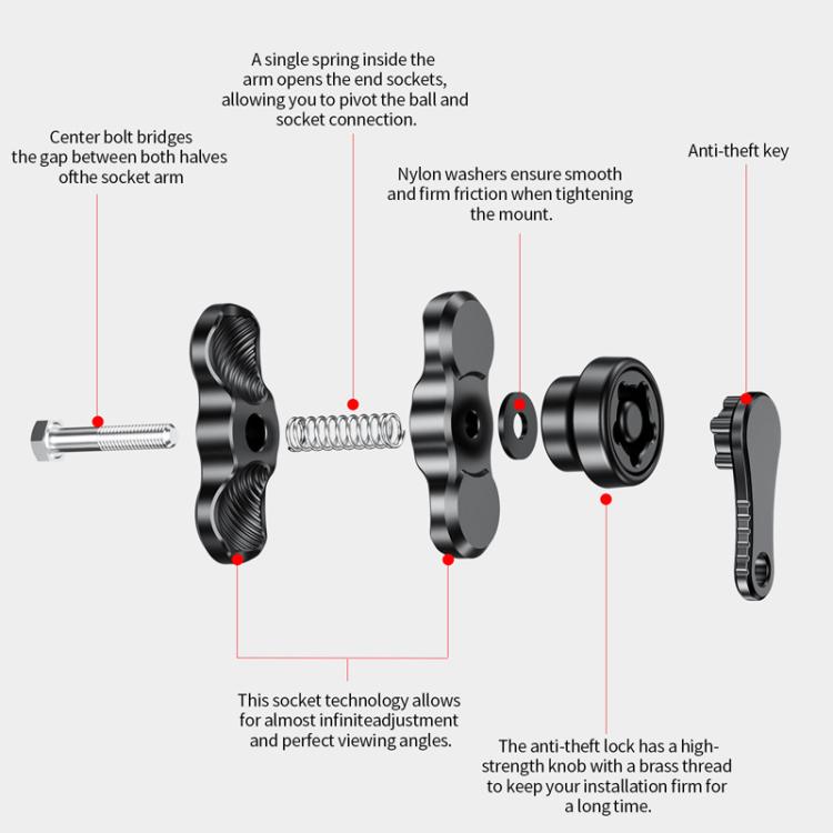 Black anti-theft clamp arm phone mount diagram with key and locking bolt