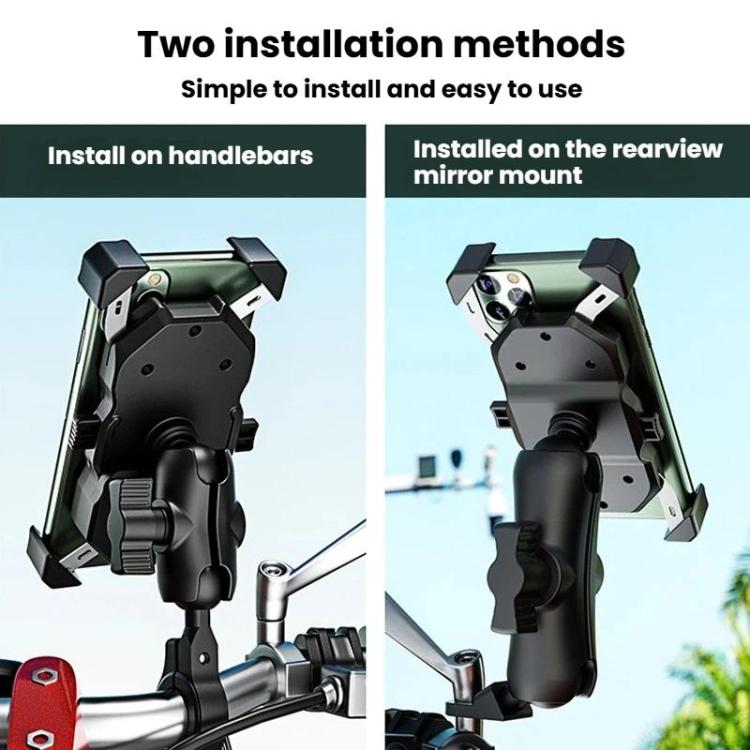 Adjustable motorcycle phone holder base with clamp, black, dual ball-head mount