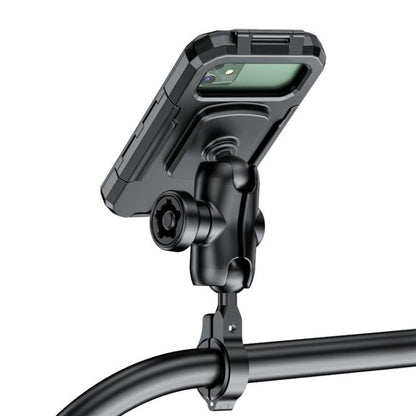 Black waterproof phone case mount with handlebar clamp and protective screen window