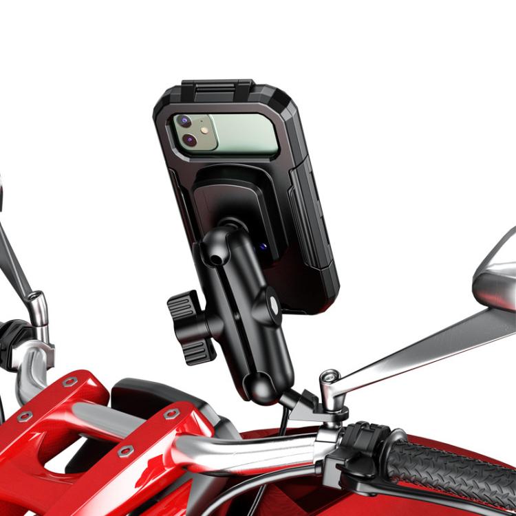 Waterproof phone case holder attached to motorcycle handlebars with swivel phone bracket