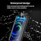 Black waterproof phone case mount shown with water splash protection around the window