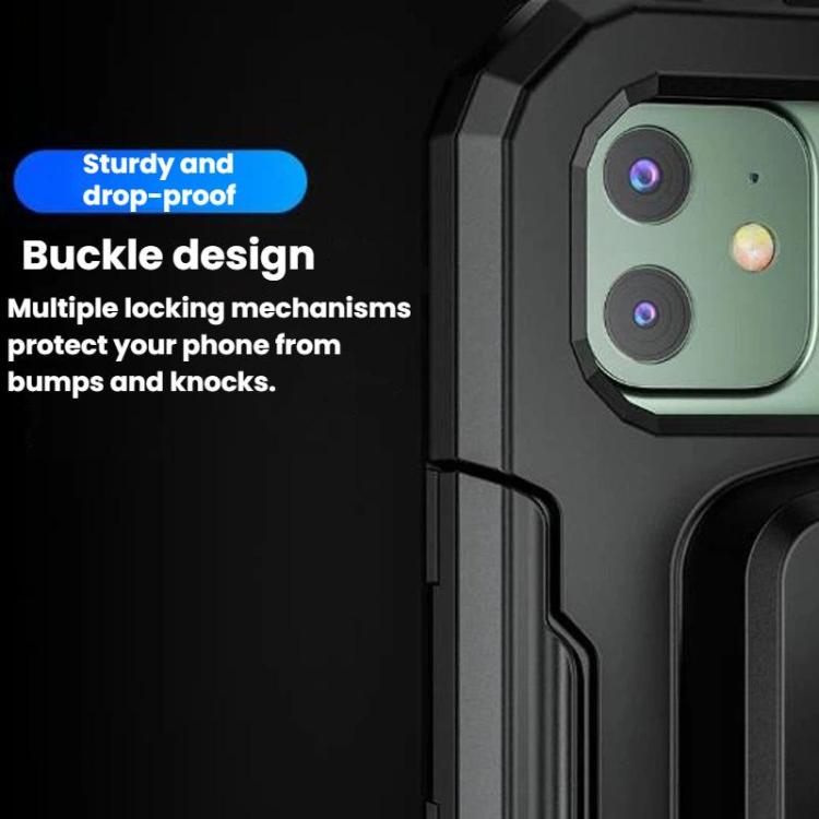 Black waterproof phone case mount close-up with secure buckle lock and camera cutouts