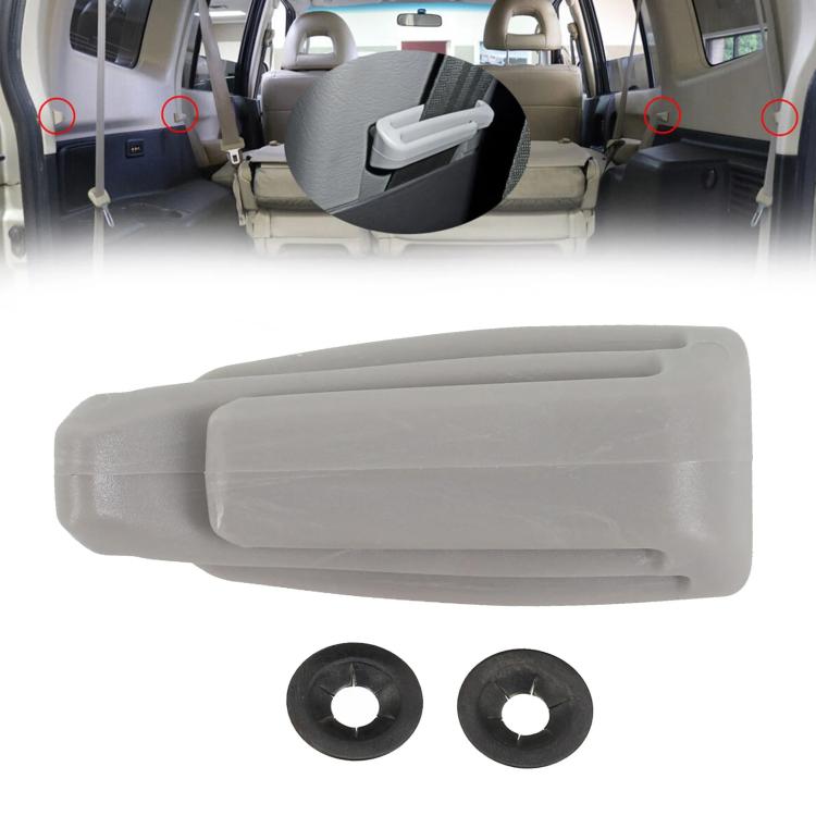 Gray seatbelt hook holder with two mounting rings, side view