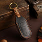 Dark gray genuine leather car key cover with tan strap and stitched oval key fob panel