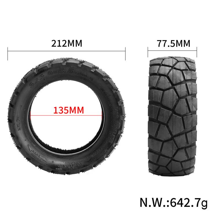 Off-road scooter tire size shown: 212 mm width, 135 mm height, 77.5 mm tread