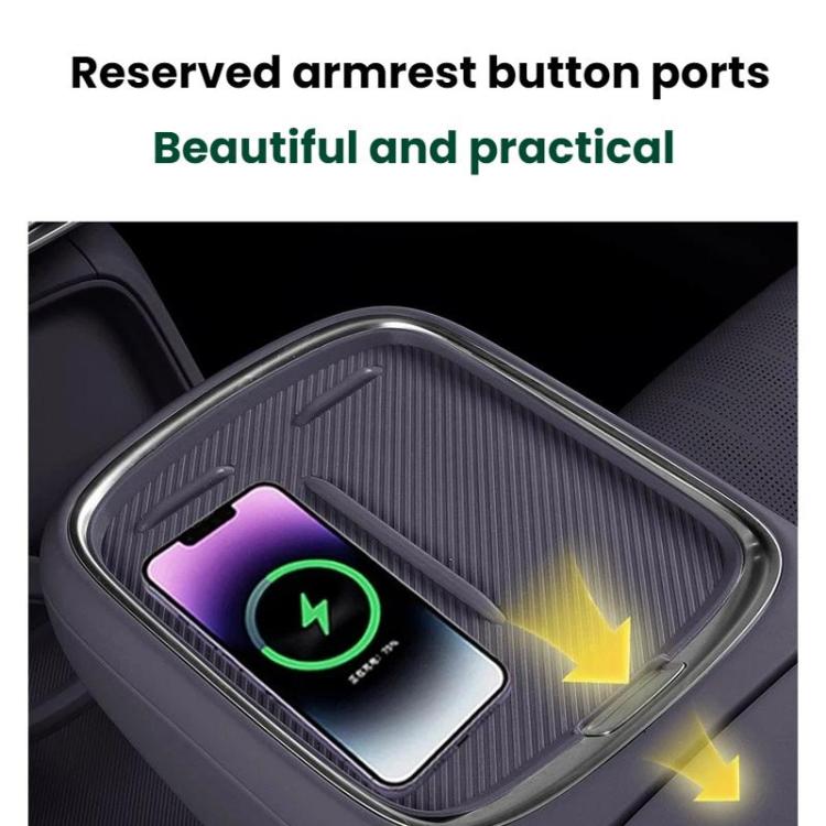 Purple silicone wireless charging mat with reserved armrest button opening and raised center slot