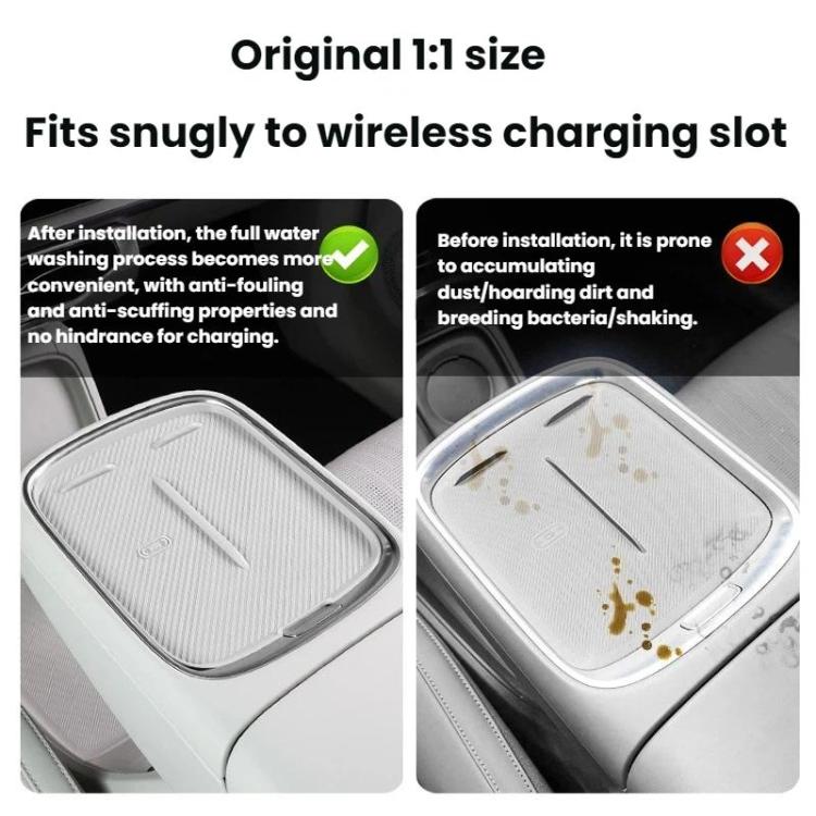 Wireless charging silicone mat in center console, light gray with raised anti-slip pattern