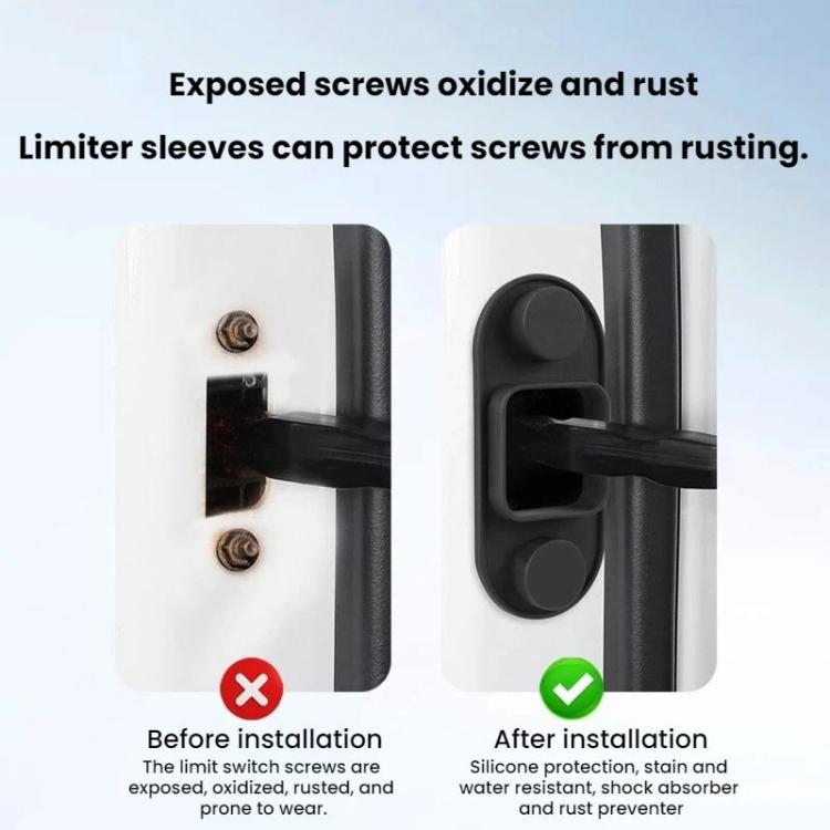 Black silicone limiter sleeve fitted over a hinge screw area for protection.