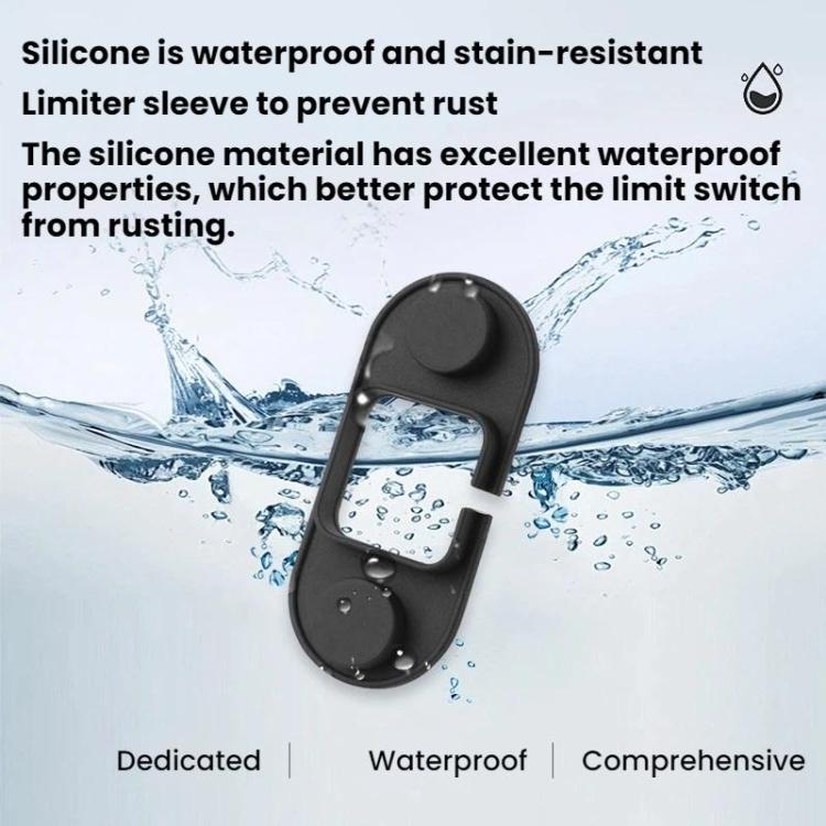 Black silicone door limiter sleeve with square opening and circular pads for rust protection.