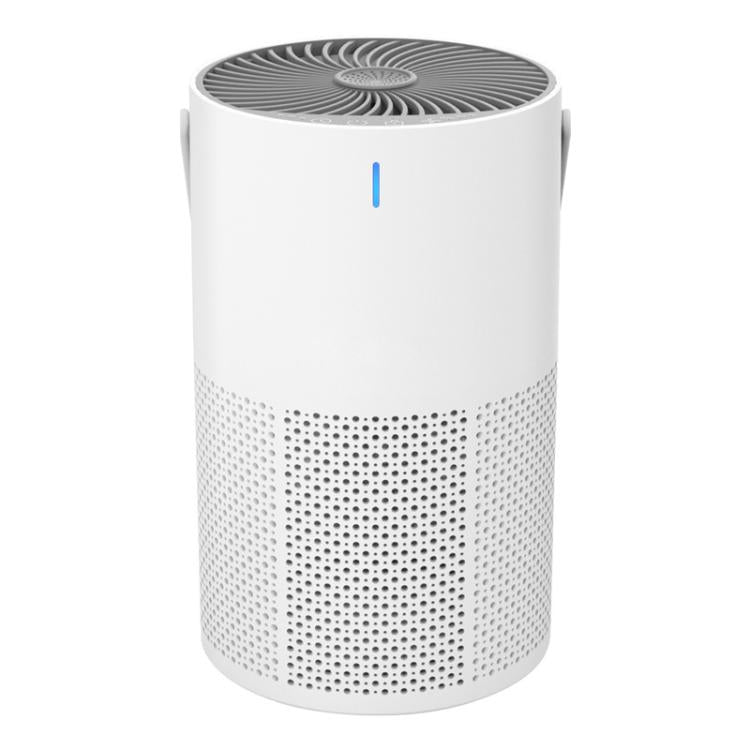White cylindrical air purifier with top fan grille and perforated side vents