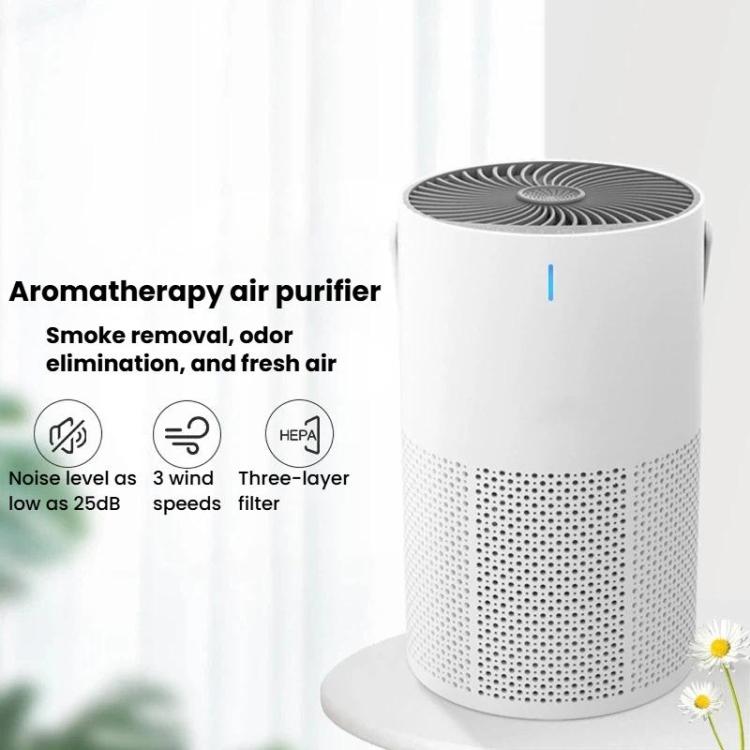 White aroma air purifier cylinder with perforated vents and top fan grille