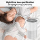 White air purifier with perforated lower body and circular top fan grille