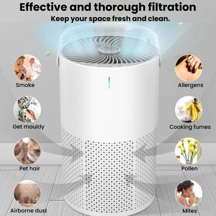 White cylindrical air purifier with perforated side vents and top air outlet grille