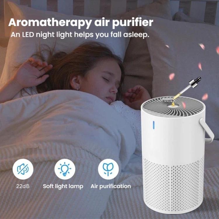 White aroma air purifier with handle, blue indicator, and perforated vent body