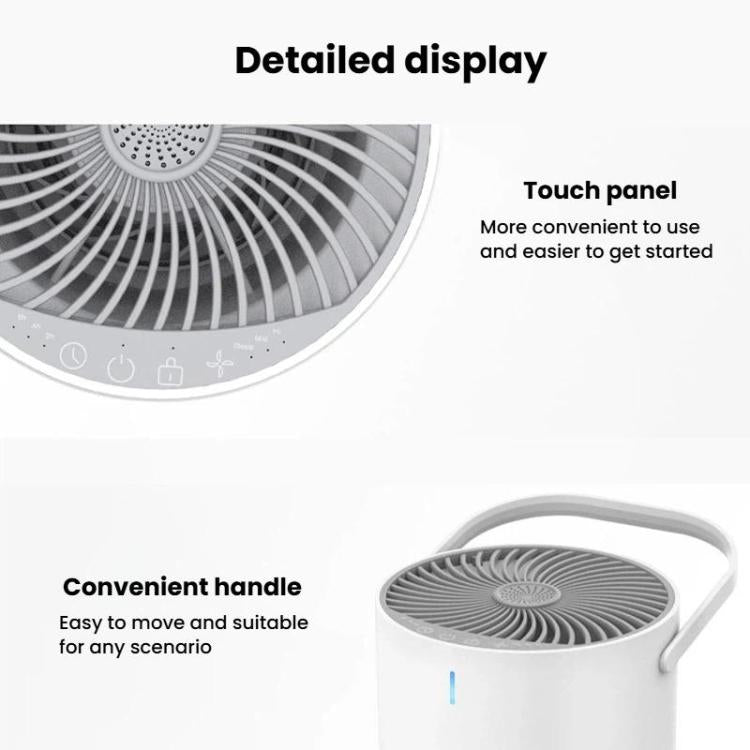 Air purifier top grille with touch panel controls and curved carrying handle